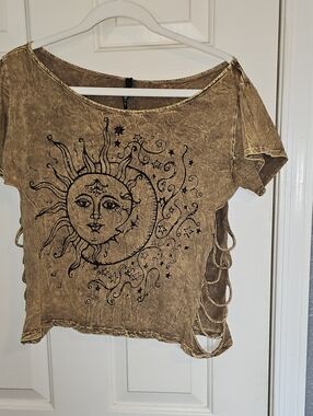 Love Culture Washed Brown Sun & Moon Cutout Crop Top